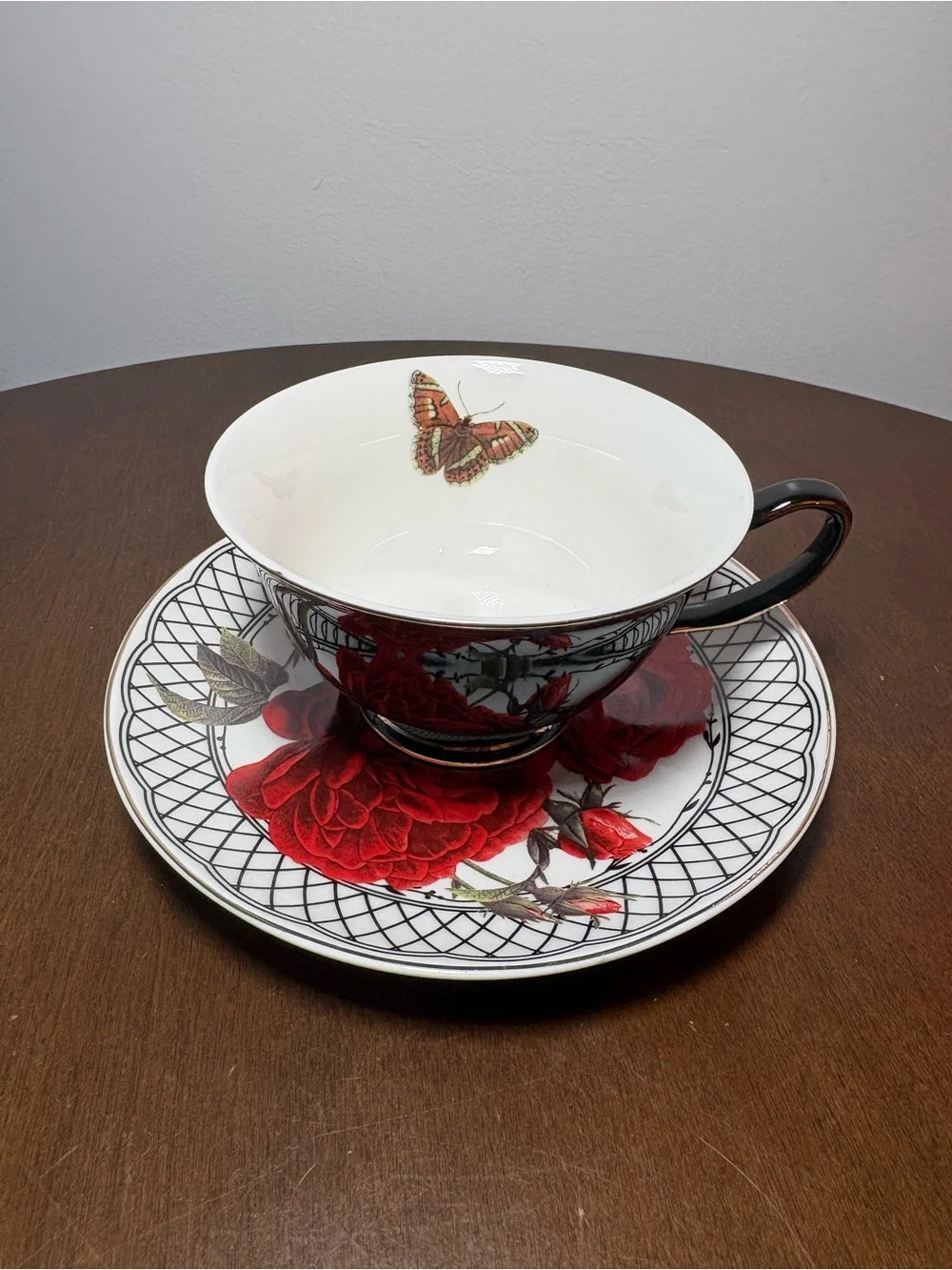 Red Rose Porcelain Teacup and Saucer Set with Butterfly Accent